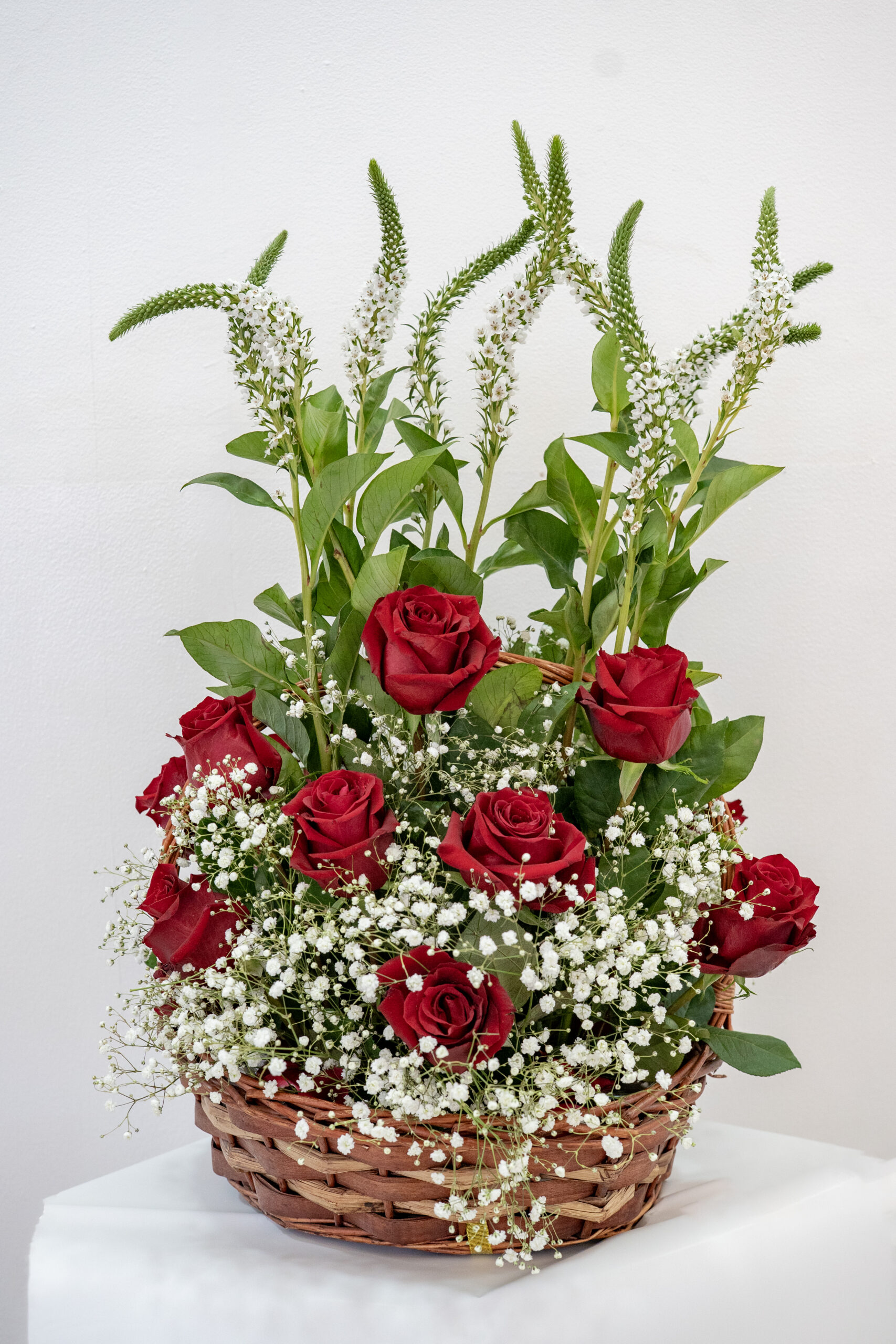 Lisianthus White & Red Rose Round Basket Arrangement