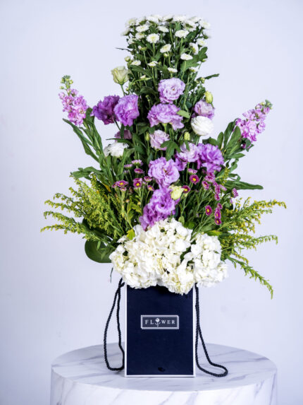 Chrysanthemum Vesiayanthus & White Hydrangea Box Arrangement