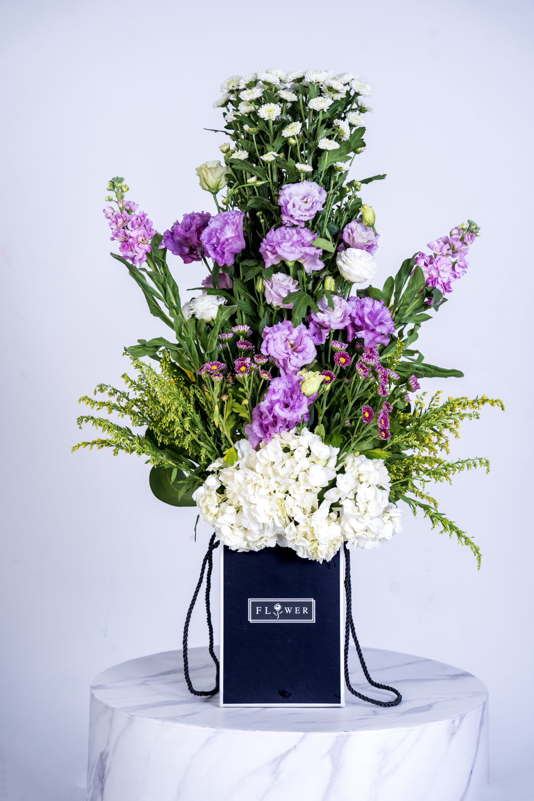 Mathiola Baby Chrysanthemum Vesiayanthus & White Hydrangea Box Arrangement