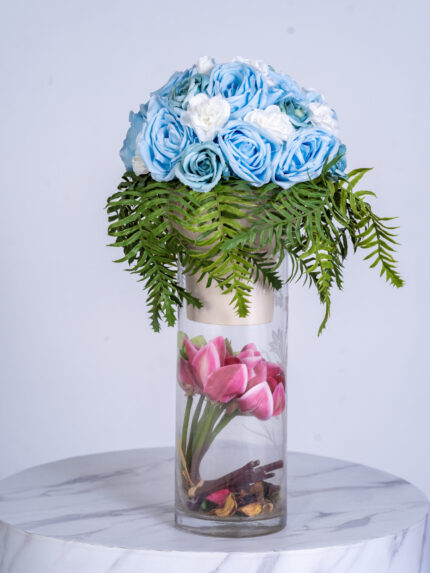 Blue Rose, Green Leaves & Pink Sambedium Glass Vase (Artificial)